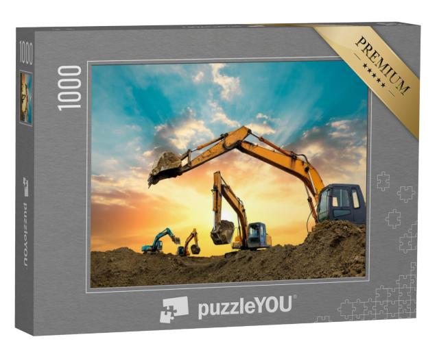 Puzzel 1000 stukjes „Graafmachines aan het werk op de bouwplaats bij zonsondergang“