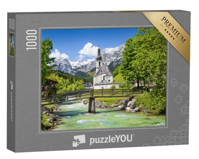 Puzzel 1000 stukjes „Pittoresk berglandschap met de parochiekerk St. Sebastian in het dorp Ramsau“