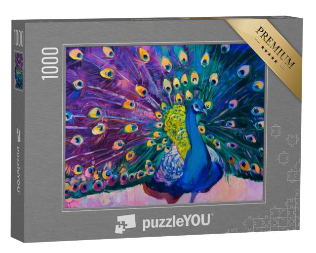 Puzzel 1000 stukjes „Olieverf op doek: Prachtige pauw met open wiel“