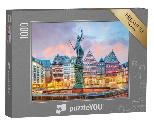 Puzzel 1000 stukjes „Schemering op het oude stadsplein Römerberg in Frankfurt, Duitsland“