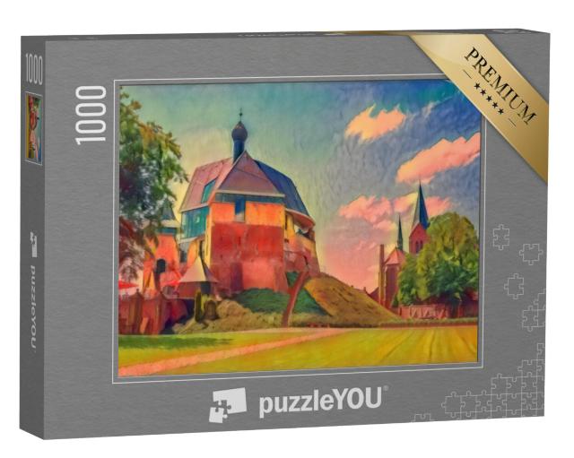 Puzzel 1000 stukjes „in de kunststijl van Franz Marc - kasteel en kerk in Keverburg aan de Maas, Nederland“