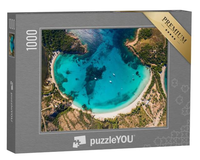 Puzzel 1000 stukjes „Stadsgezicht van Zonza stad met kerk in de avond, Corsica, Frankrijk“