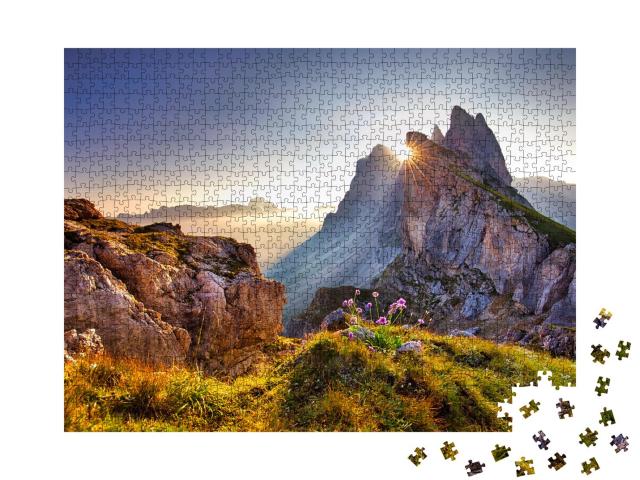 Puzzle 1000 Teile „Aussicht auf den Seceda-Gipfel am Morgen, Dolomiten, Südtirol“