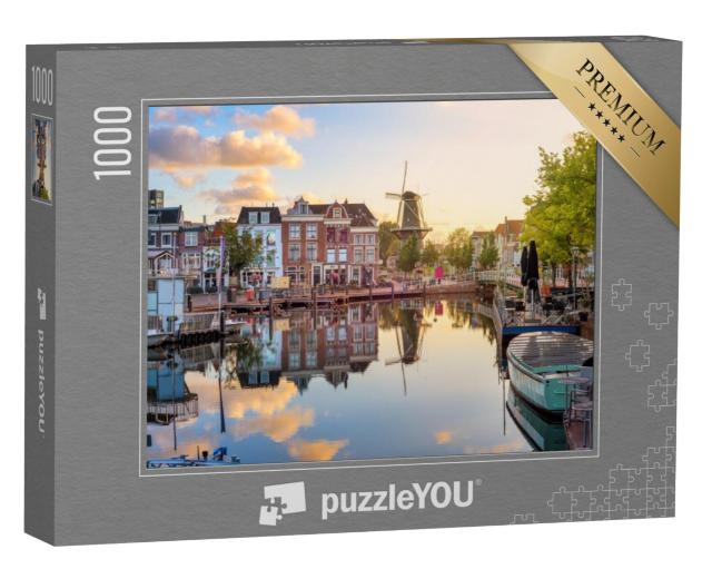 Puzzel 1000 stukjes „Oude binnenstad van Leiden, uitzicht op de Beestenmarkt en molen De Valk“