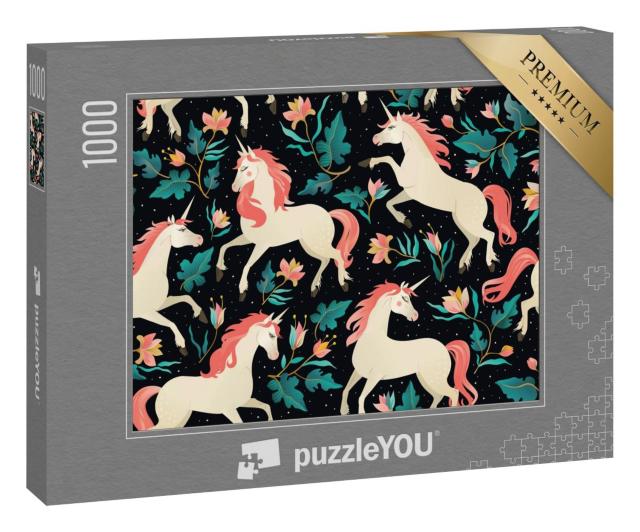 Puzzle 1000 Teile „Einhörner auf einem dunklen Hintergrund mit einem Feenwald“