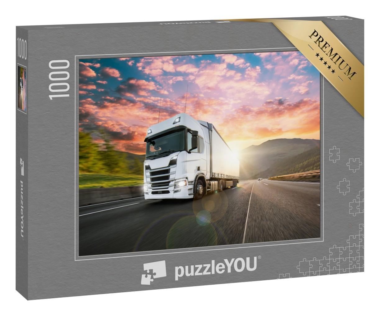 Puzzle 1000 Teile „Weißer LKW mit Container auf der Autobahn, Frachttransport“