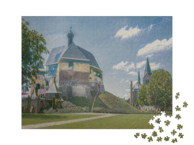 Puzzel 1000 stukjes „in de kunststijl van Claude Monet - kasteel en kerk in Keverburg aan de Maas, Nederland“