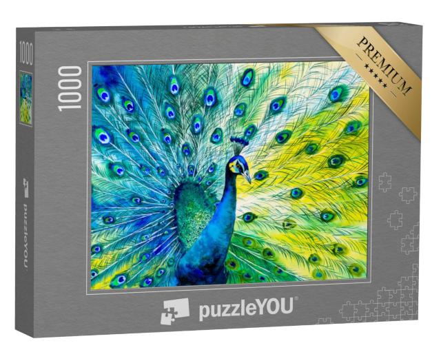 Puzzel 1000 stukjes „Aquarel: Pauw met open wiel“