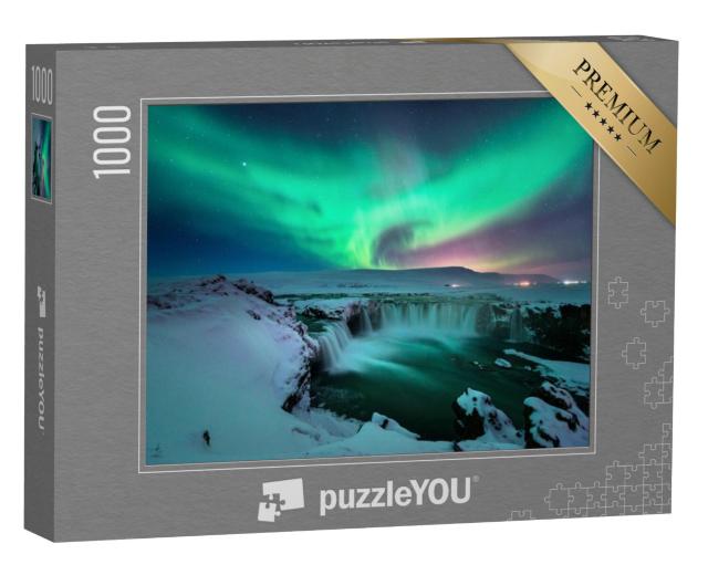 Puzzel 1000 stukjes „Noorderlicht boven de Godafoss waterval in winters IJsland“