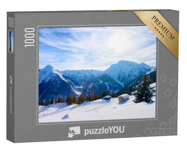 Puzzel 1000 stukjes „Mayrhofen skigebied met chalets in het schilderachtige Zillertal, Tirol, Oostenrijk in de winter“