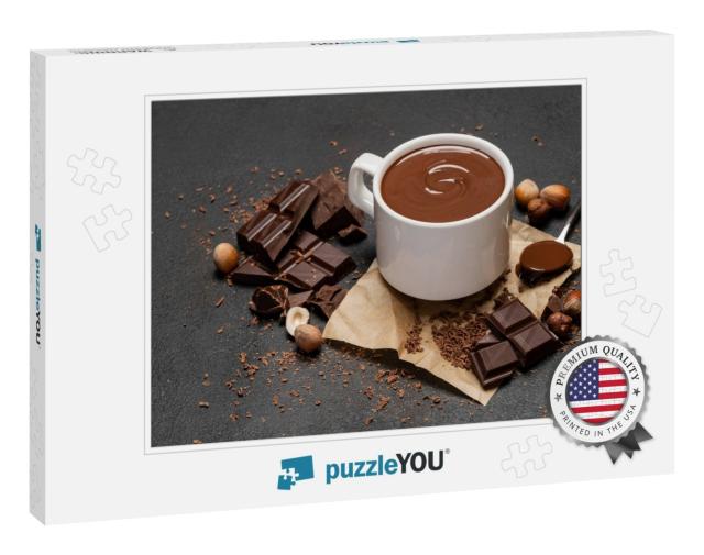 Cup of Hot Chocolate & Pieces of Chocolate on Dark Concre... Jigsaw Puzzle