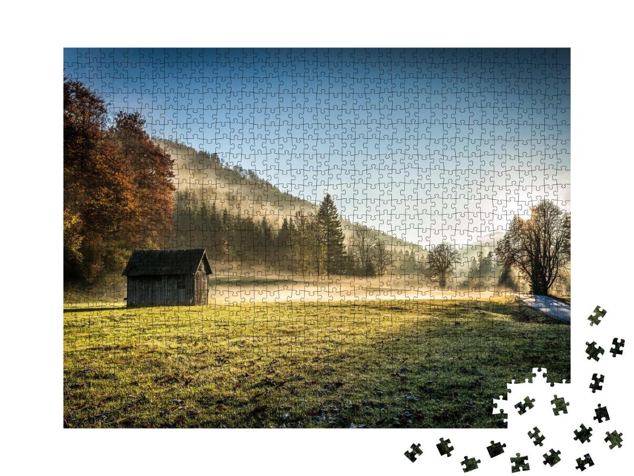 Puzzle 1000 Teile „Ein ruhiger Herbstmorgen im Bergwald“