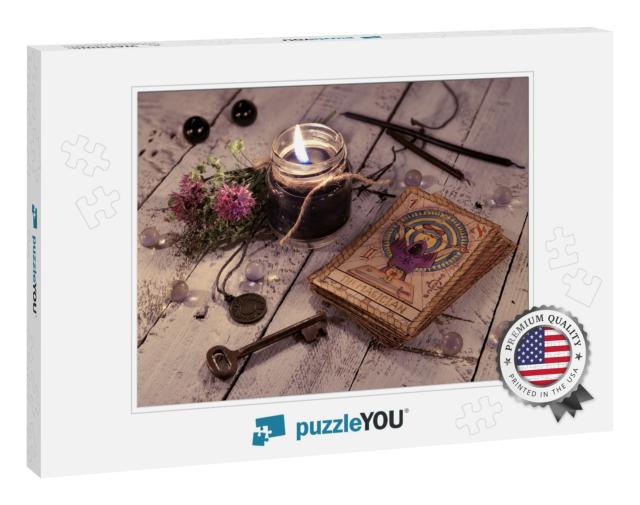 Black Candle & Old Tarot Cards on Wooden Planks... Jigsaw Puzzle