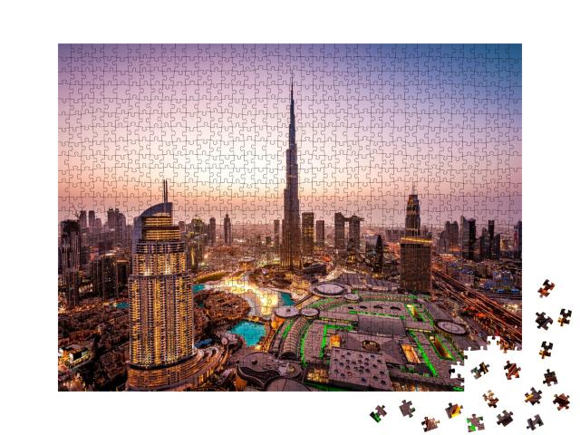 Puzzle 1000 Teile „Schöne Skyline von Dubai bei Nacht, Lichter der Stadt“