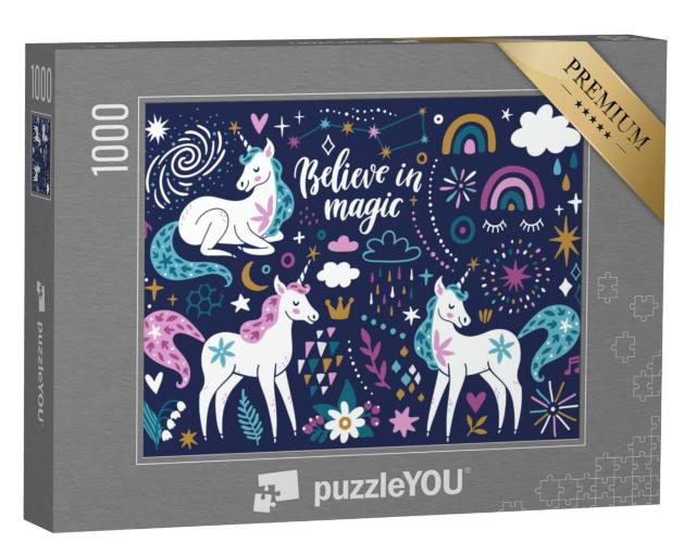 Puzzel 1000 stukjes „Eenhoorns, regenbogen, wolken, bloemen, sterren en vonken“