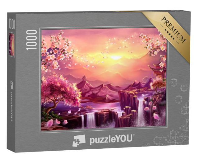 Puzzel 1000 stukjes „Japanse kersenbloesem in de schemering van de bergen“