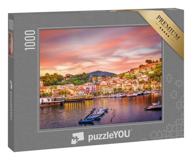 Puzzle 1000 Teile „Hafen und Dorf Porto Azzurro im Sonnenuntergang, Insel Elba, Italien“