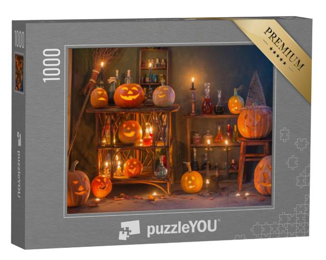 Puzzel 1000 stukjes „Prachtige Halloween-decoraties met pompoenen en toverdrankjes“