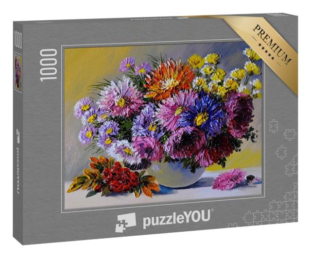 Puzzle 1000 Teile „Ölgemälde auf Leinwand, Stillleben Blumen auf dem Tisch“