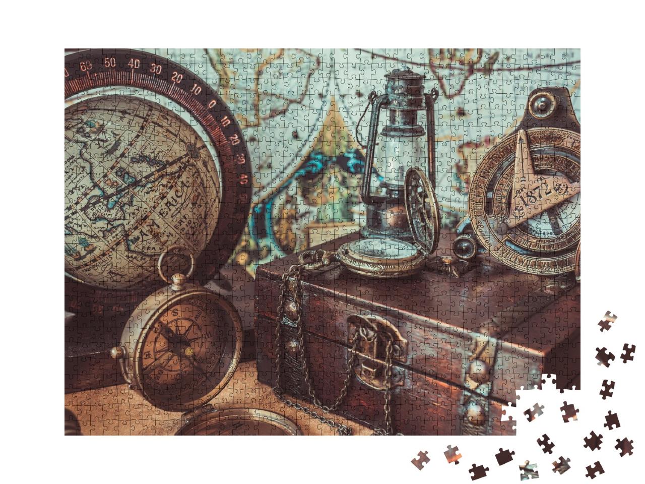 Puzzle 1000 Teile „Antike Sammlung: Kompass, Öllampe, Globus und Schatztruhe“
