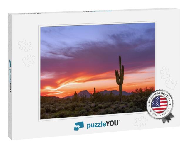 Arizona Desert Landscape with Saguaro Cactus At Sunset... Jigsaw Puzzle