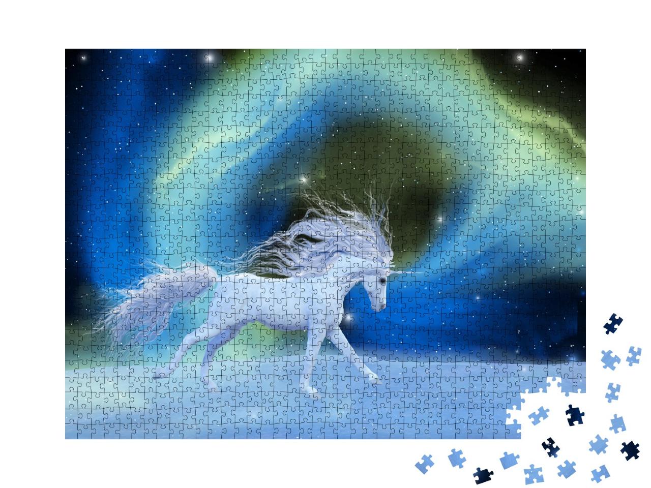 Puzzle 1000 Teile „Digitale Kunst: Mystisches Einhorn in einem Universum aus Aurora-Nebel“