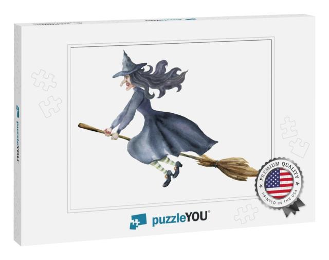 Watercolor Witch. Hand Painted Magic Character Fly... Jigsaw Puzzle