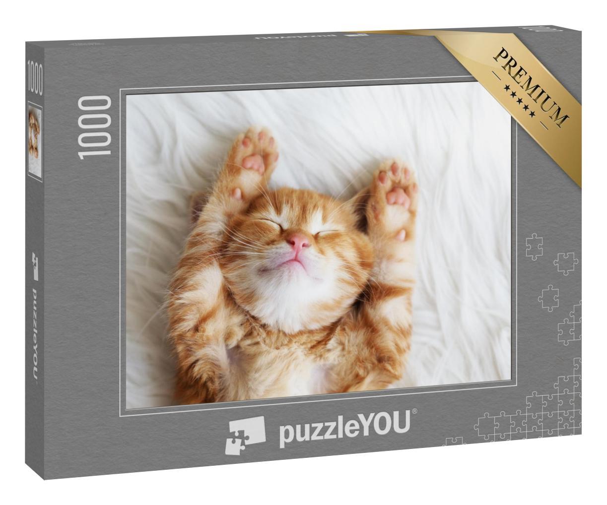 Puzzle 1000 Teile „Kleines rotes Kätzchen beim Schlafen auf einer Felldecke“
