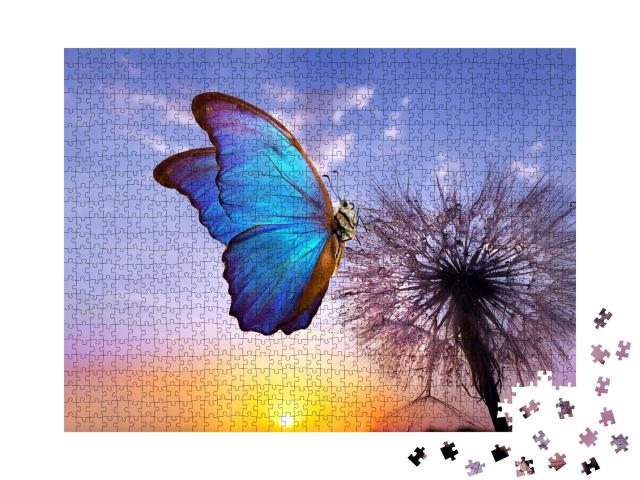 Puzzle 1000 Teile „Der wunderschöne blaue Morpho Schmetterling auf einer Pusteblume“