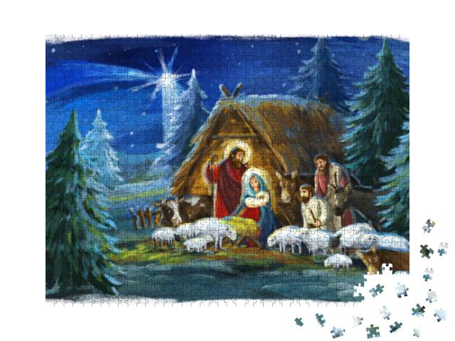Puzzle 1000 Teile „Traditionelle Weihnachtszene mit der heiligen Familie und Tieren“