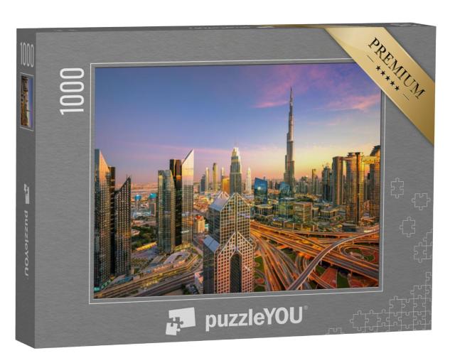 Puzzel 1000 stukjes „Luxe wolkenkrabbers bij zonsondergang, skyline Dubai“