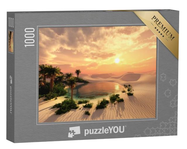 Puzzel 1000 stukjes „Oase bij zonsondergang in een zandwoestijn“