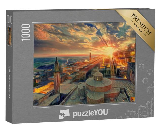 Puzzel 1000 stukjes „in de stijl van Edvard Munch, De schreeuw - Oude stad bij zonsondergang - Mardin, Turkije“