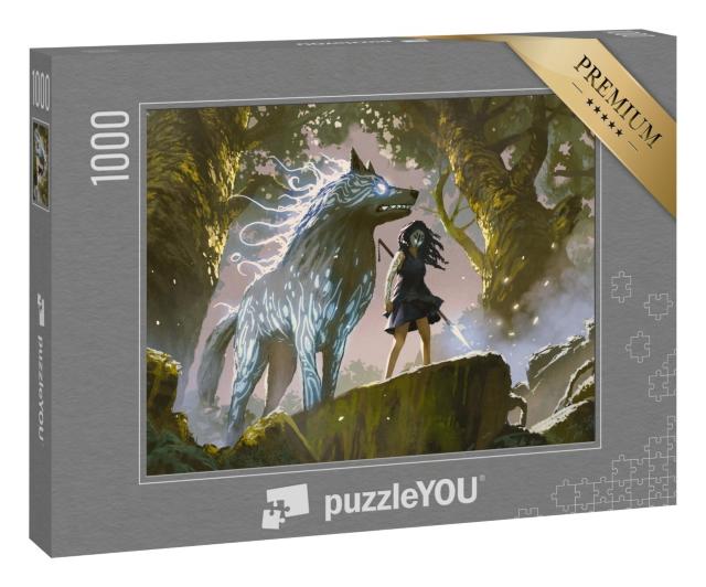 Puzzle 1000 Teile „Wildes Mädchen steht mit ihrem Wolf im Wald, digitaler Kunststil“