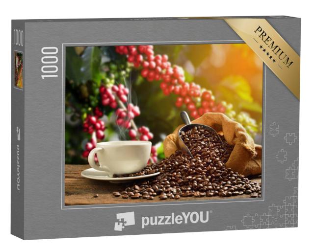 Puzzel 1000 stukjes „Dampende kop koffie met koffiebonen“