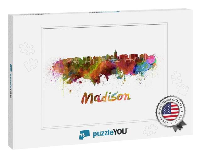Madison Skyline in Watercolor Splatters with Clipping Pat... Jigsaw Puzzle