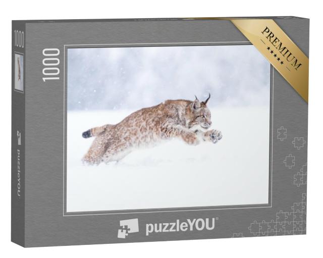 Puzzel 1000 stukjes „Jonge Euraziatische lynx in de sneeuw“