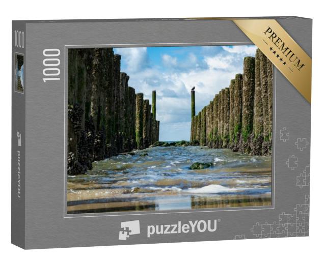 Puzzel 1000 stukjes „Houten palen op het witte zandstrand van de Noordzee bij Zoutelande, Zeeland“