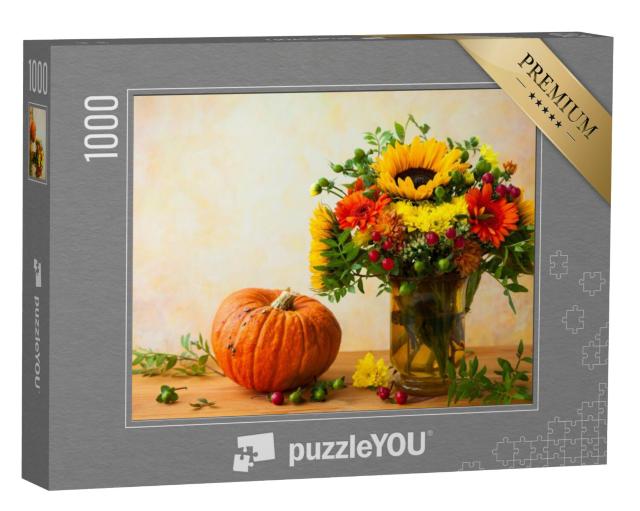 Puzzel 1000 stukjes „Herfststilleven met bloemen en pompoen“