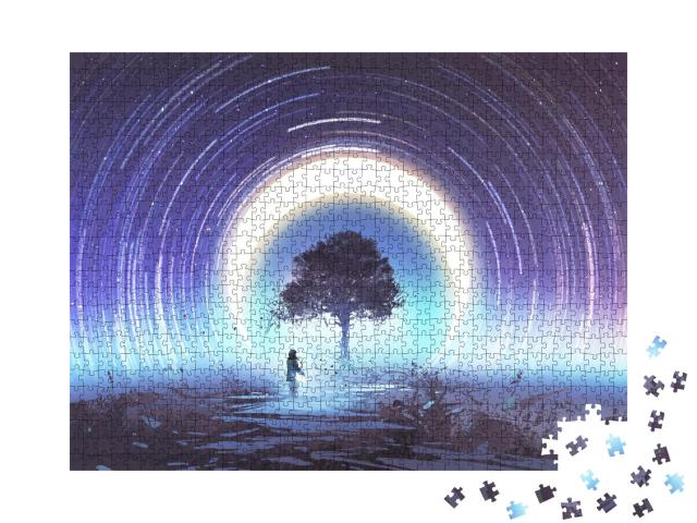 Puzzle 1000 Teile „Junge Frau spielt Gitarre für den magischen Baum, Sternspuren, Mond am Himmel“