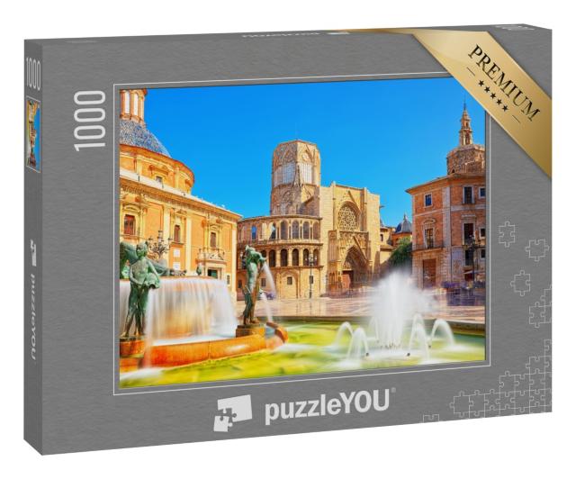 Puzzle 1000 Teile „Malerischer Brunnen vor der Kathedrale von Valencia, Spanien“