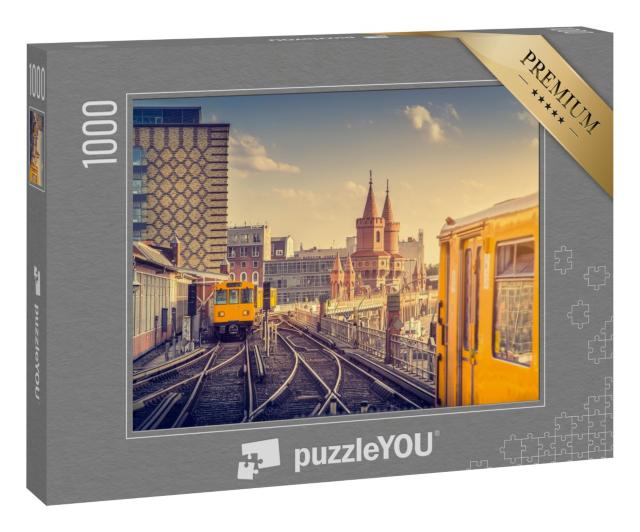 Puzzle 1000 Teile „Berliner U-Bahn mit Oberbaumbrücke bei Sonnenuntergang, Deutschland“