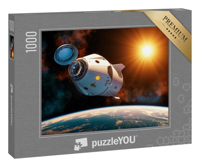 Puzzle 1000 Teile „Raumschiff mit offener Andockluke, Sonnenstrahlen, 3D-Illustration“