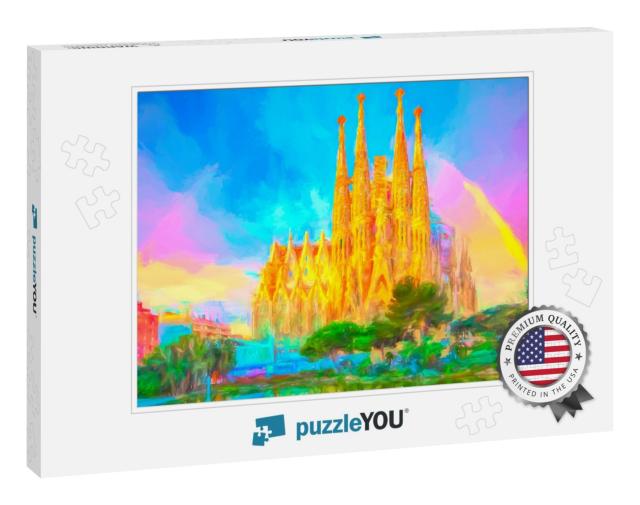 Painting. La Sagrada Familia by Antoni Gaudi in Piazza Ga... Jigsaw Puzzle