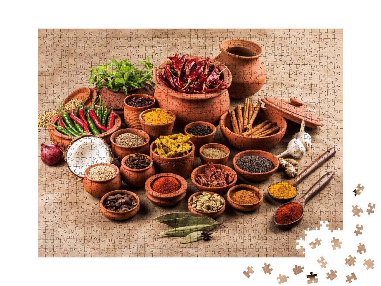 Puzzle 1000 Teile „Indische ätherische Gewürze in Terrakotta-Töpfen“