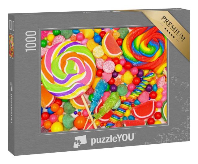 Puzzle 1000 Teile „Verschiedene Süßigkeiten, darunter Lutscher, Kaugummikugeln und Geleebonbons“