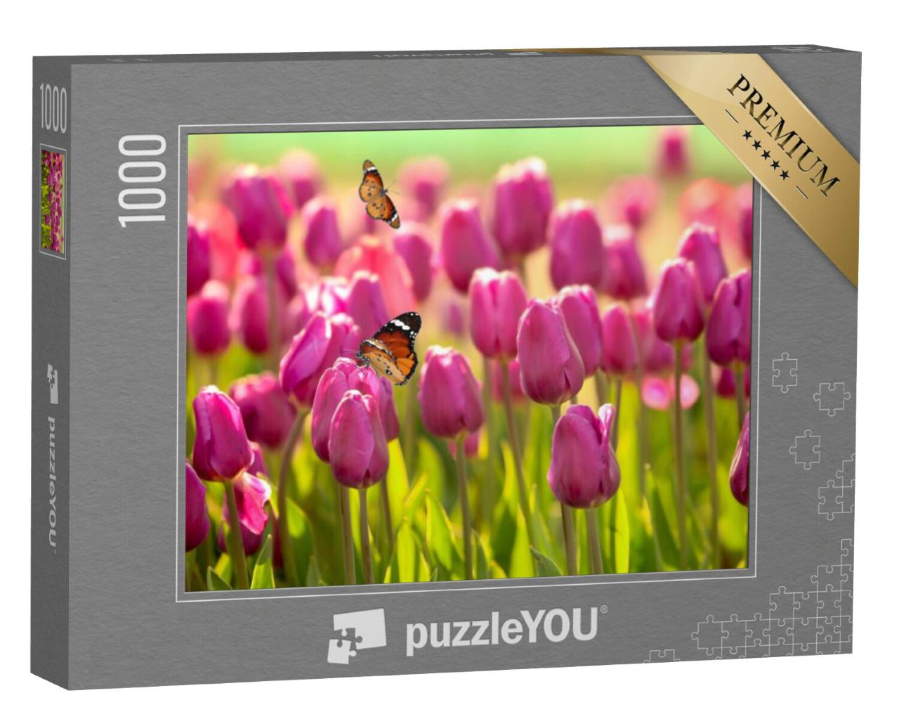 Puzzel 1000 stukjes „Vlinders en tulpen op een zonnige dag“