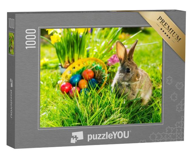 Puzzel 1000 stukjes „Schattige paashaas met paaseieren in een lenteweide“