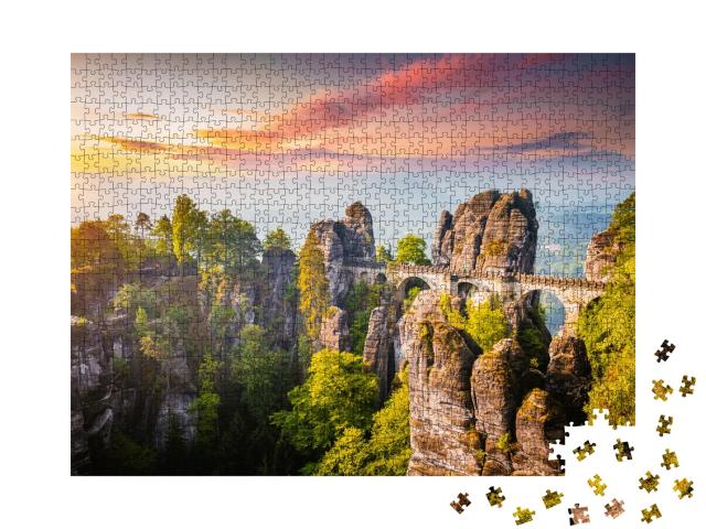 Puzzle 1000 Teile „Elbsandsteingebirge im Abendlicht mit Basteibrücke“