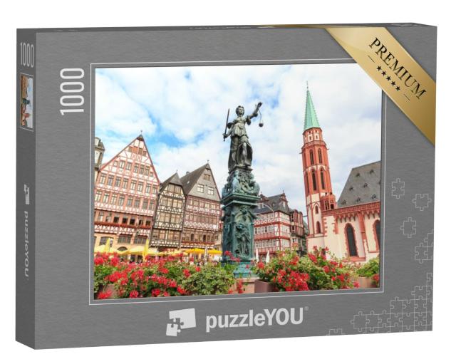 Puzzel 1000 stukjes „Historisch oud stadsplein Römerberg met Justitia standbeeld, Frankfurt, Duitsland“